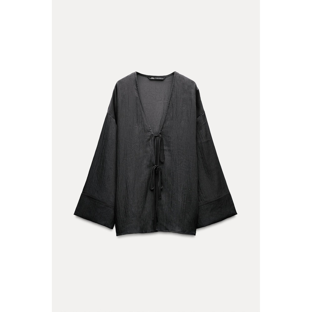 NWT Zara Crinkle Tie-Front Blouse Women XS-S Black Texture Top
